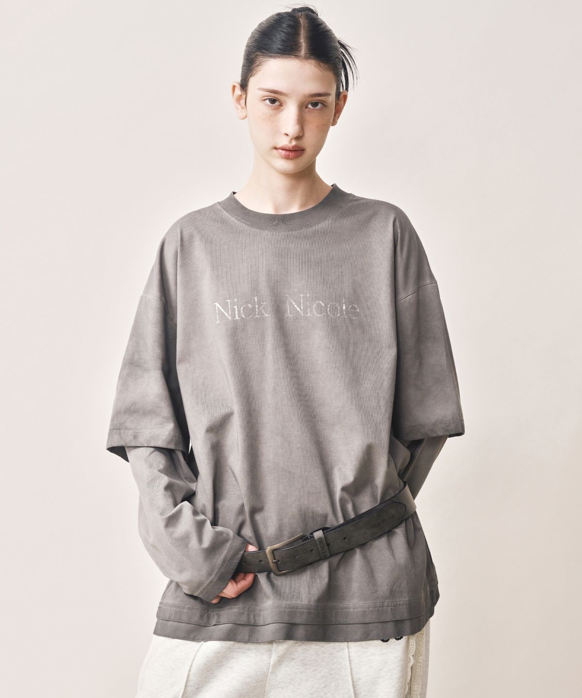 닉앤니콜(NICK&NICOLE) NICOLE DESTROYED LAYERED LONG SLEEVE TOP_GRAY