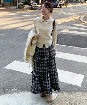 Winter shirring long skirt check BROWN