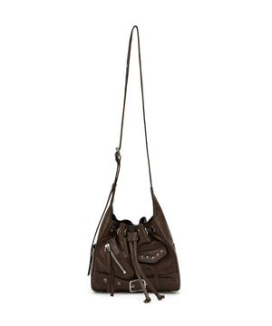 DEINET STUD BELTED MINI BUCKET BAG IN BROWN