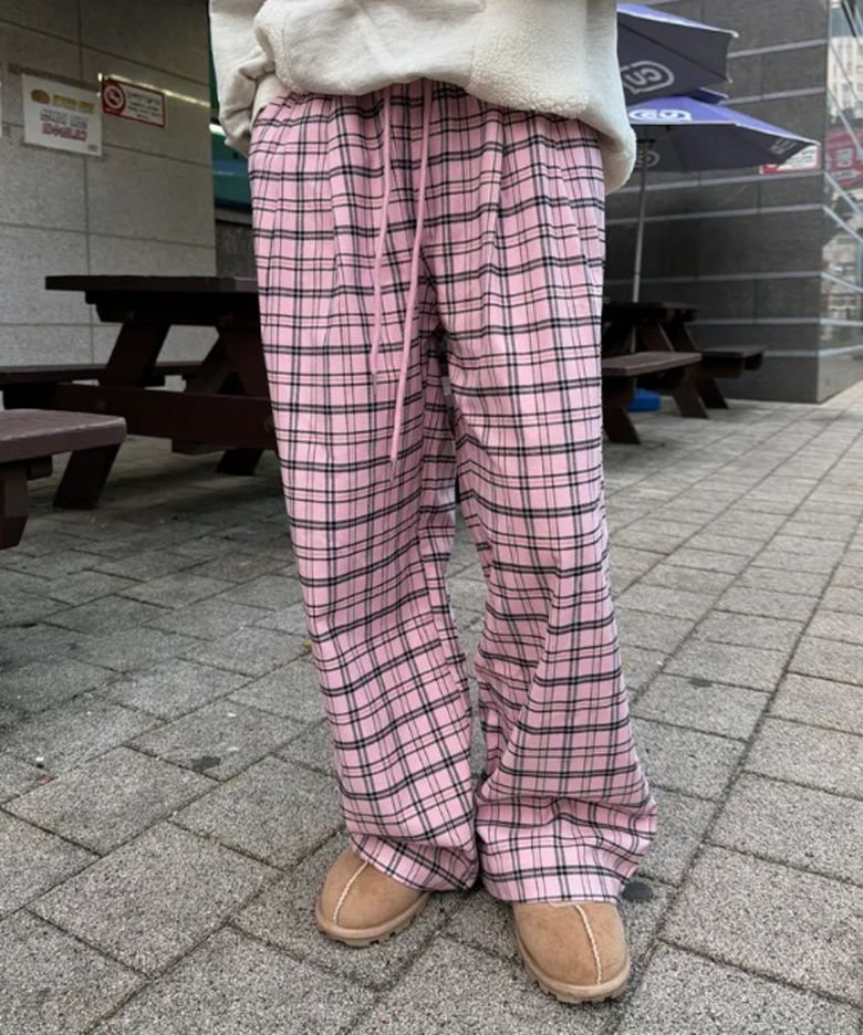 체크 밴딩 팬츠 핑크