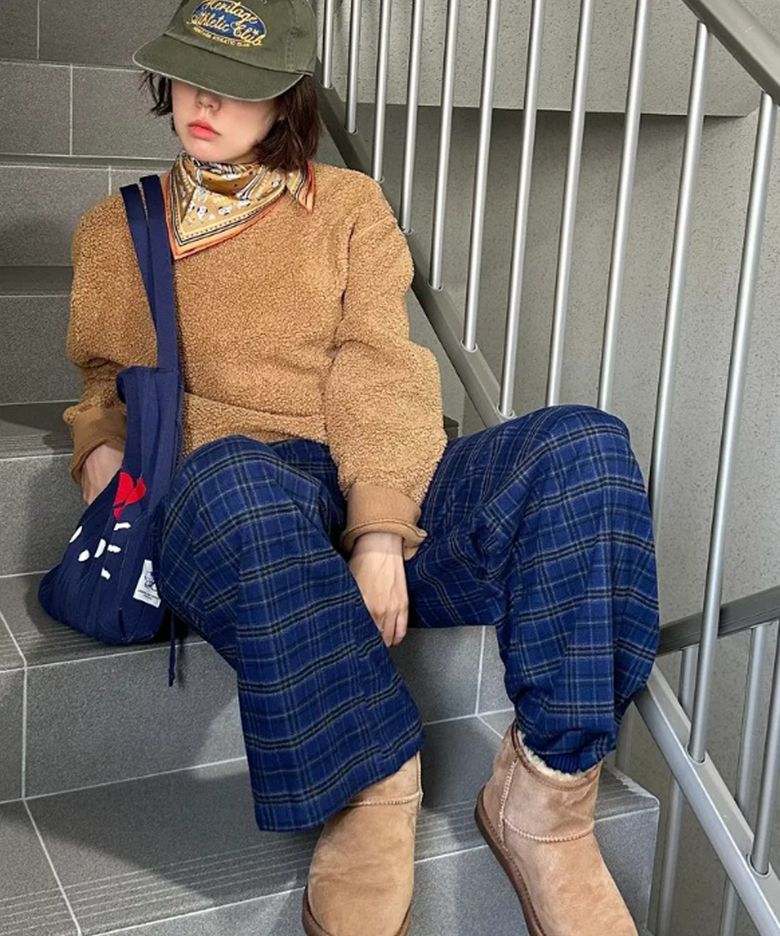 체크 밴딩 팬츠 블루