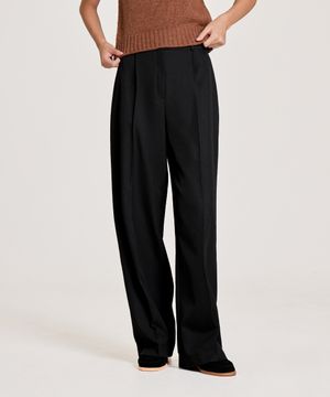 ONE-TUCK SIDE BUTTON WIDE SLACKS, BLACK