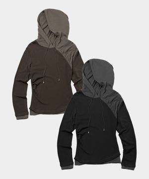 절개 사선 투톤 배색 자수 로고 후드 래글런 롱슬리브리스 티셔츠_2COLOR