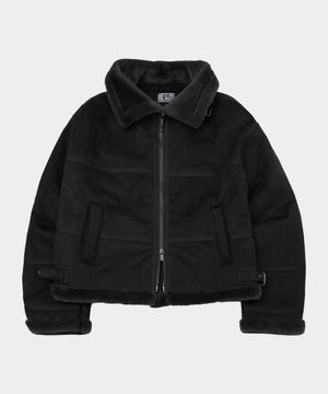 [트렌디에비뉴 PICK] 시어링 하이넥 아이렛 버클 포인트 레더라인 스웨이드 무스탕 [블랙]