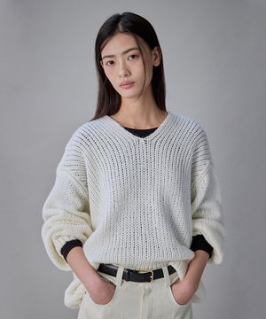 Coquet Volume V-Neck Knit Sweater Ecru Ivory