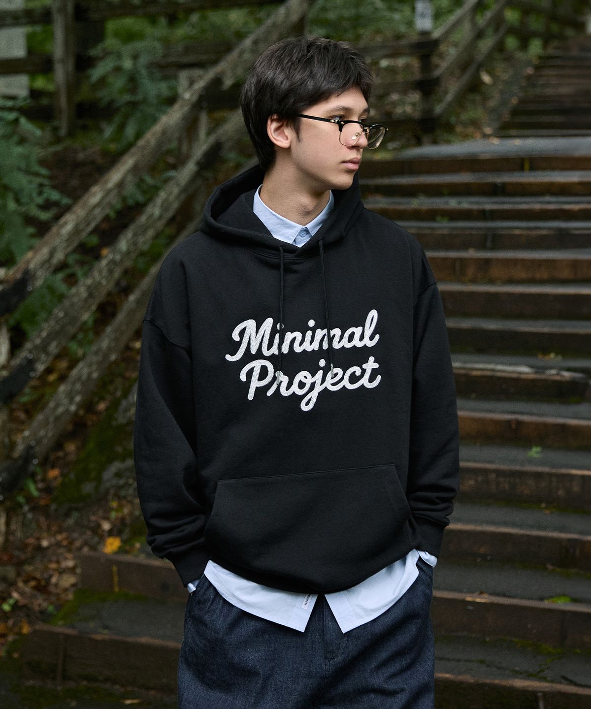 미니멀프로젝트(MINIMALPROJECT) 드로잉 체인 스티치 오버핏 후드 티셔츠 MHT127-Z [BLACK]