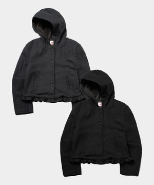 프릴 클래식 우먼 체크 배색 싱글 버튼 후드 숏  코트 자켓 _2COLOR