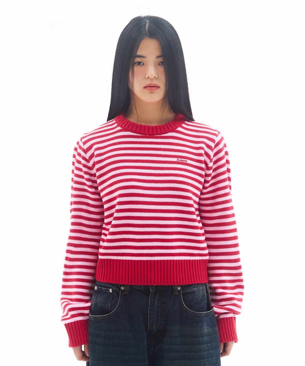 아메스 월드와이드(AMES-WORLDWIDE) BASIC SMALL LOGO STRIPE KNIT RED