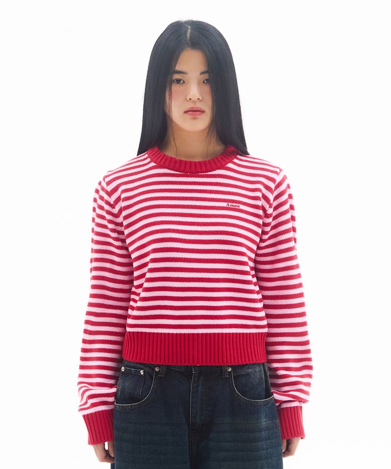 BASIC SMALL LOGO STRIPE KNIT RED