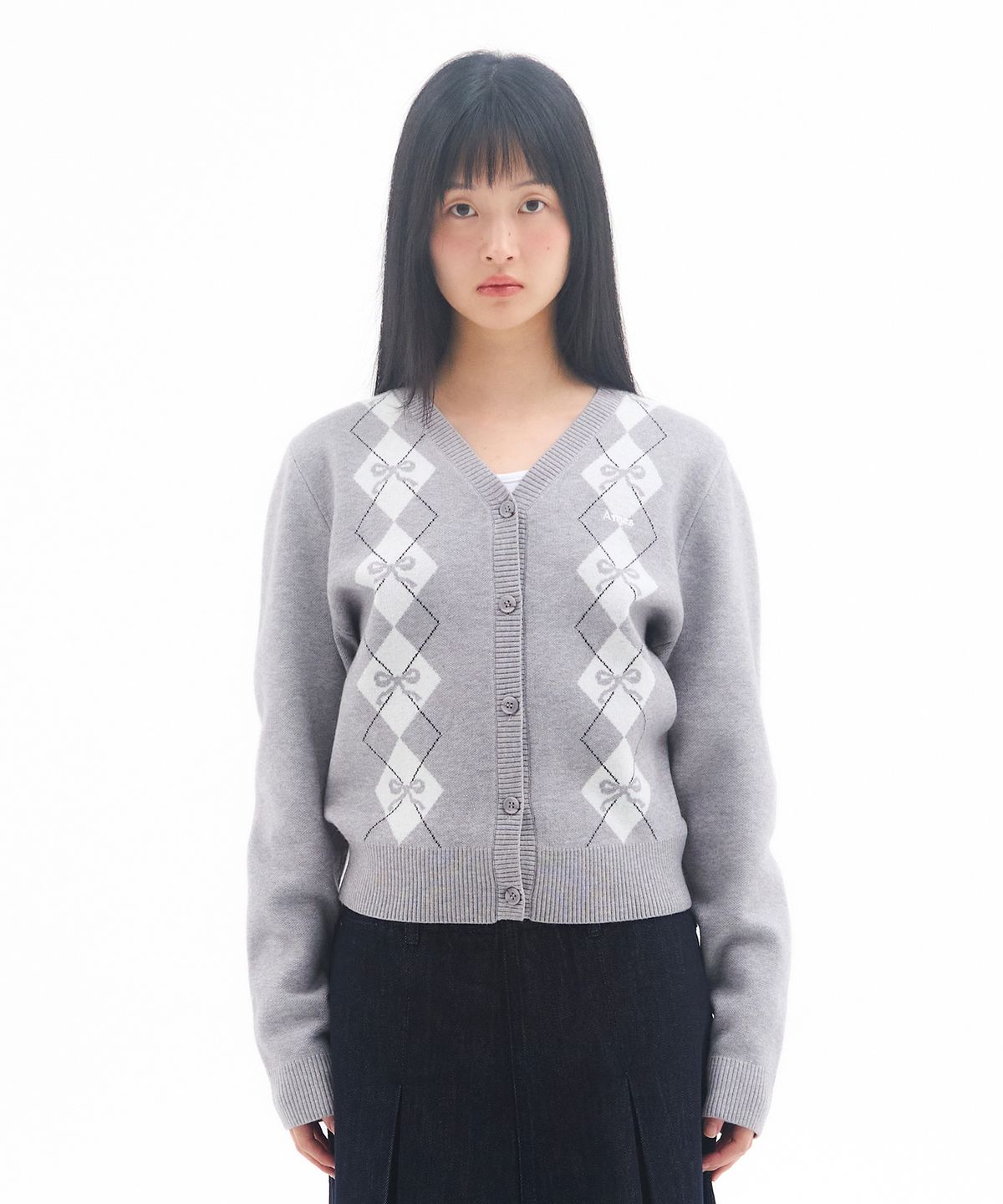 아메스 월드와이드(AMES-WORLDWIDE) CROP V NECK ARGYLE CARDIGAN GREY