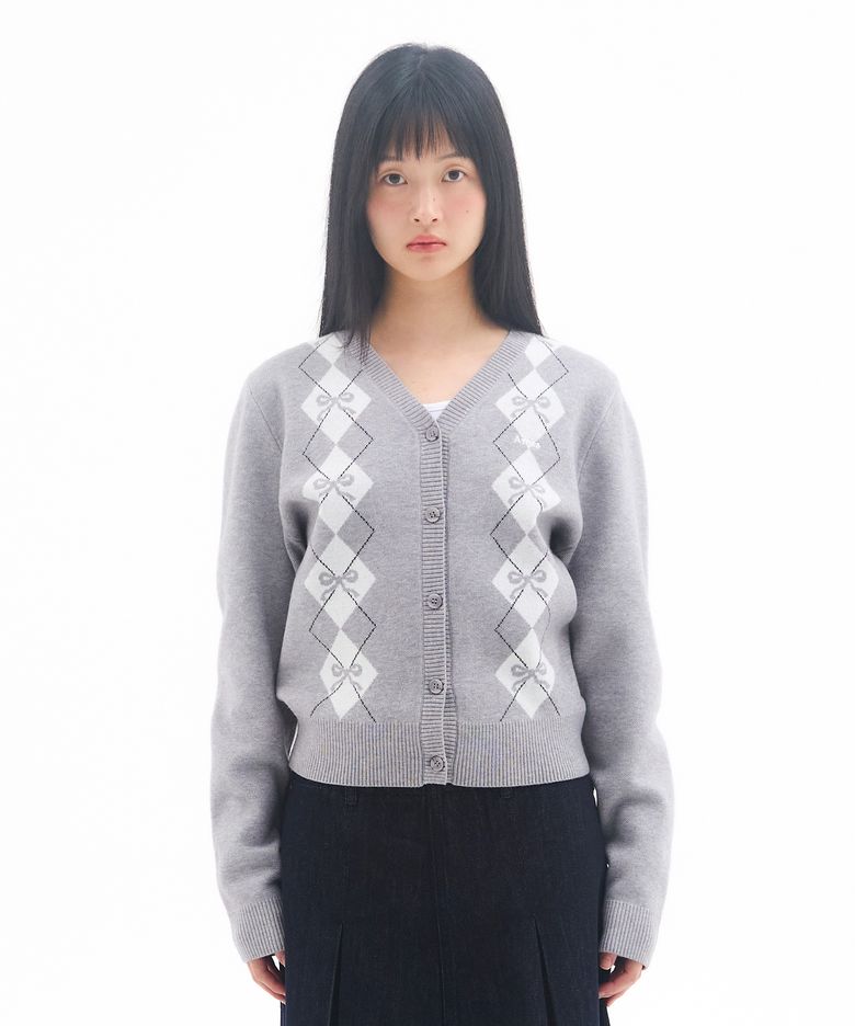 CROP V NECK ARGYLE CARDIGAN GREY