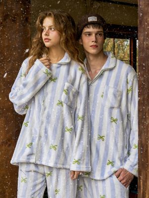 플러피 보니 긴팔 커플 수면 잠옷 세트 라일락