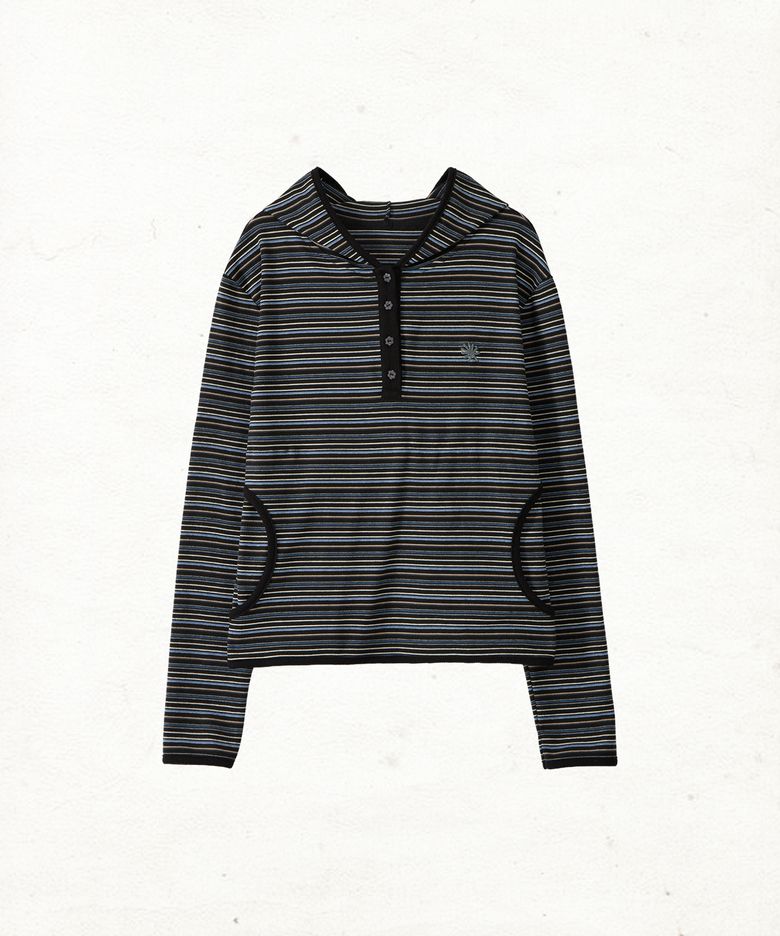DD stripe trim hooded long sleeve (BLACK)