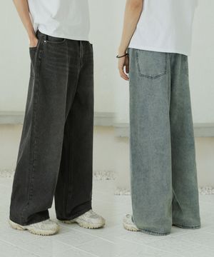 기모 에센셜 블루,블랙 워싱 스트링 밴딩 와이드 데님 팬츠 2Color