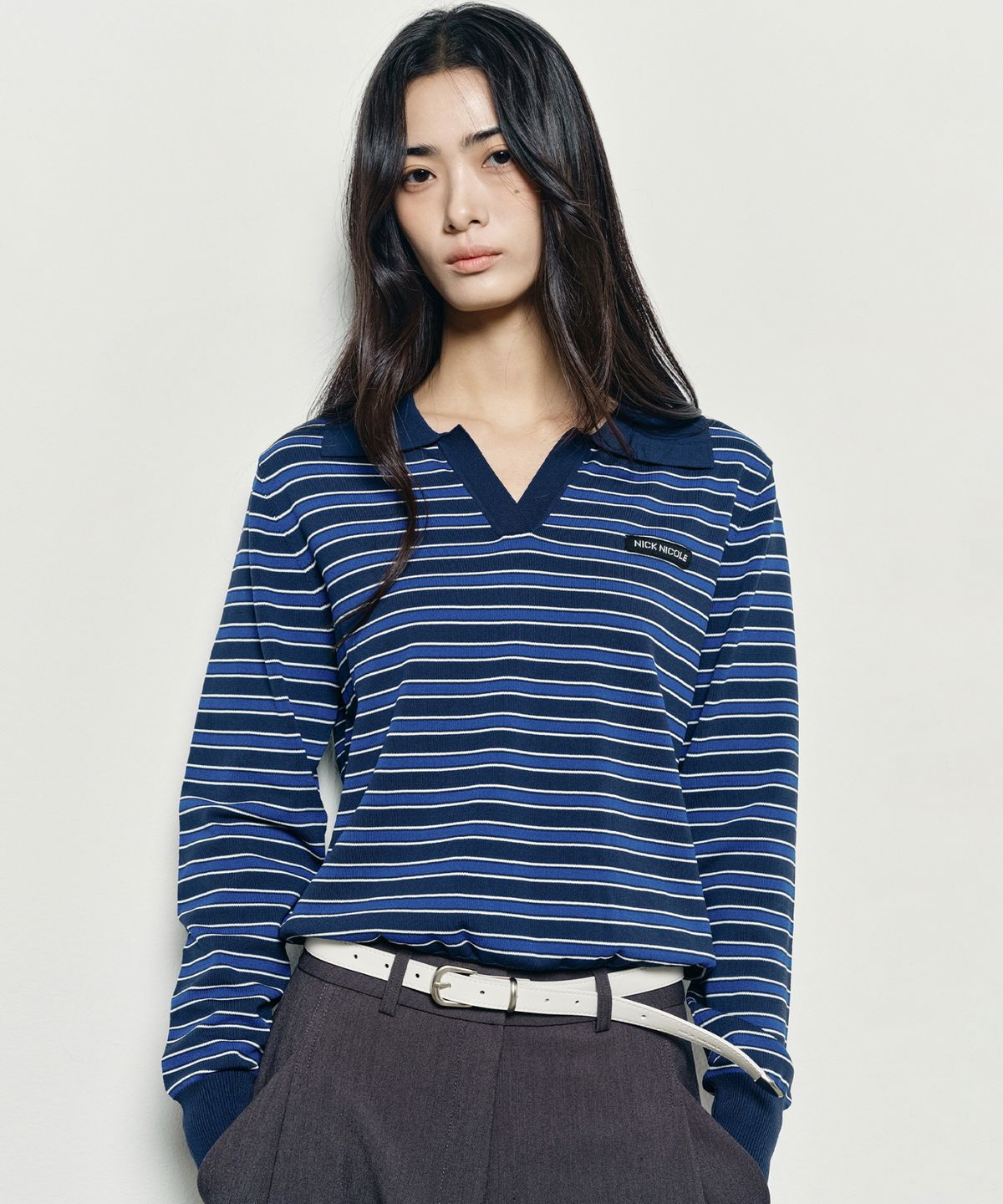 닉앤니콜(NICK&NICOLE) MULTI STRIPE V-NECK COLLAR KNIT_NAVY