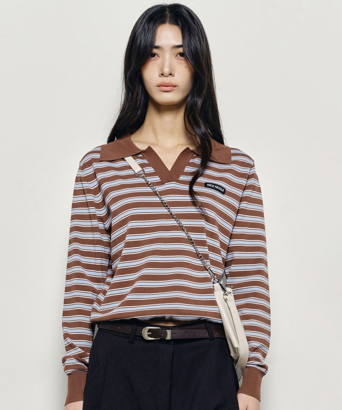 닉앤니콜(NICK&NICOLE) MULTI STRIPE V-NECK COLLAR KNIT_BROWN