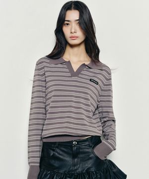 MULTI STRIPE V-NECK COLLAR KNIT_CHARCOAL