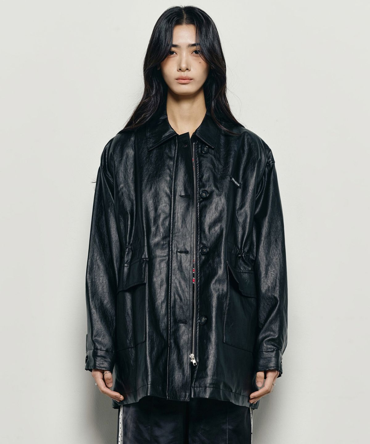 닉앤니콜(NICK&NICOLE) MIDI HALF LEATHER PADDING JACKET_BLACK