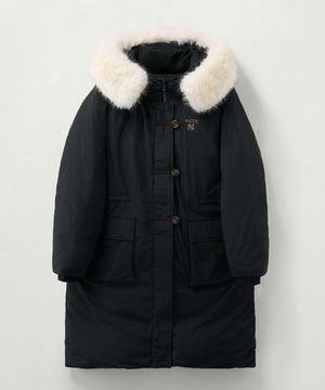 (W) 신세틱 퍼 칼라 후드 롱 다운 블랙