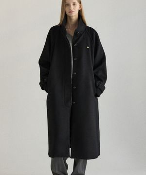 하이넥 벨티드 래글런 울 코트 - 블랙