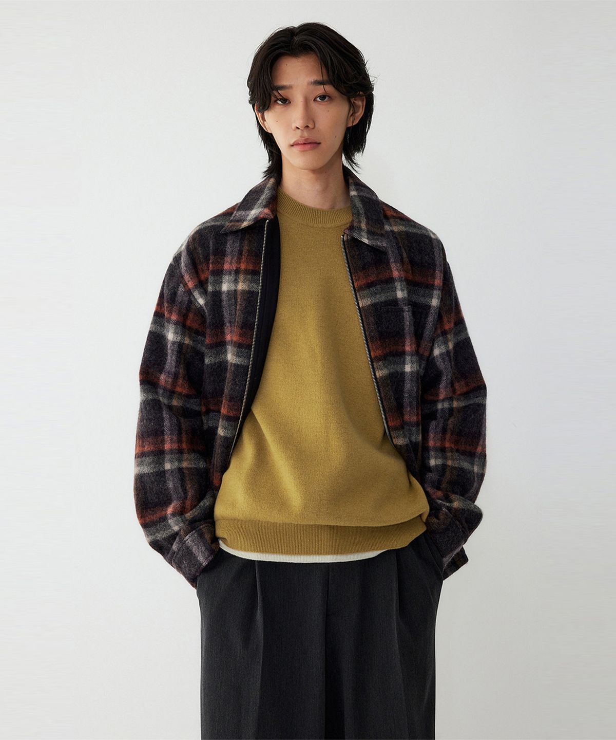 스튜디오 톰보이(STUDIO TOMBOY) [MEN] 체크 알파카 울 카라 점퍼_멜란지 브라운 9155413304