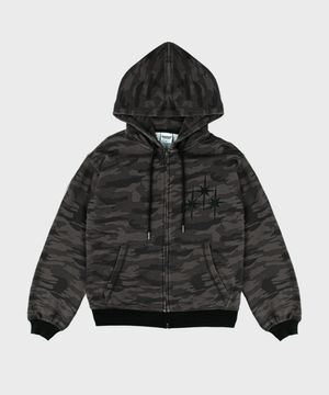 SP 레더 아플리케 카모 후드집업 블랙