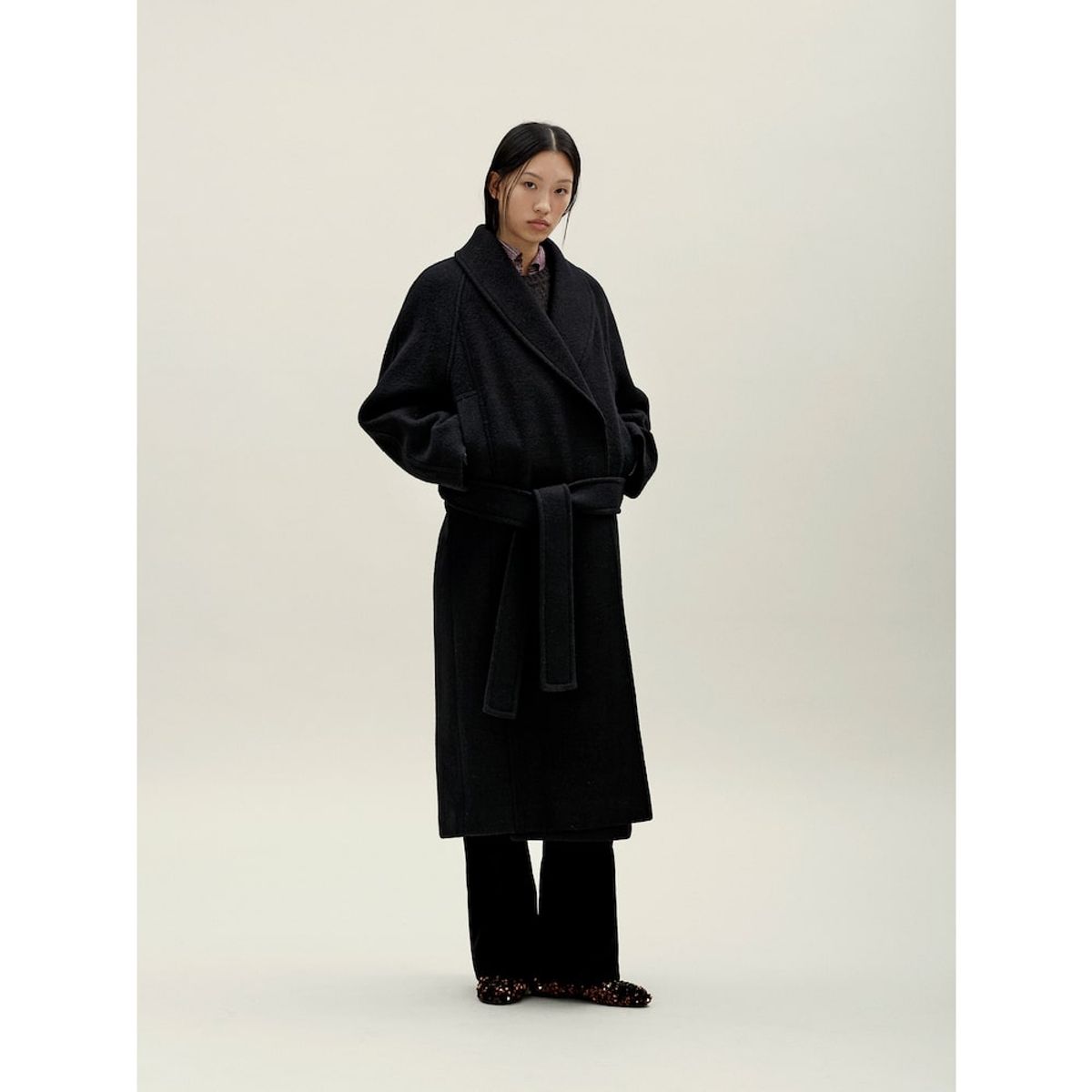 앙개(ANGGAE) Shawl Collar Long Coat  Black