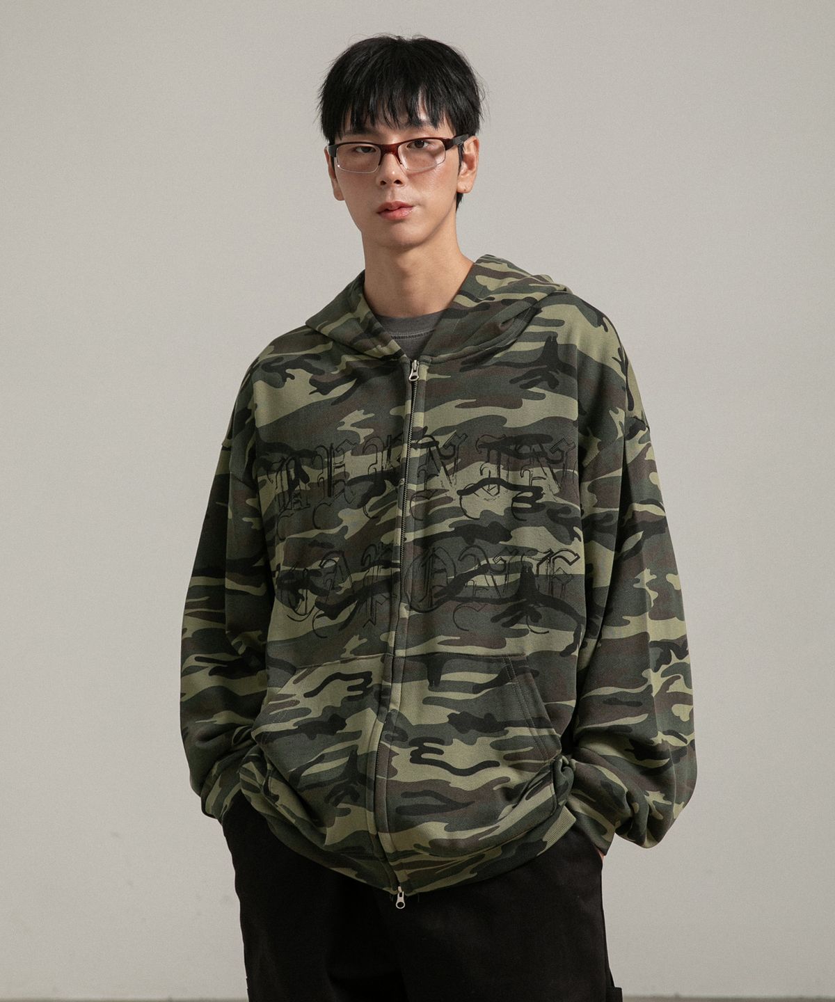 버닝카포네(BURNING CAPONE) BC 워시드 카모 후드집업 (KHAKI)