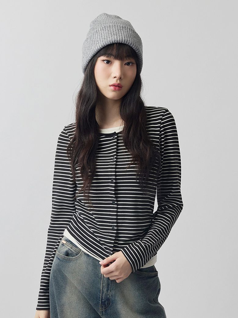 여성 웨일 스트라이프 가디건 레이어드 티셔츠_100(10540-131-813-45)