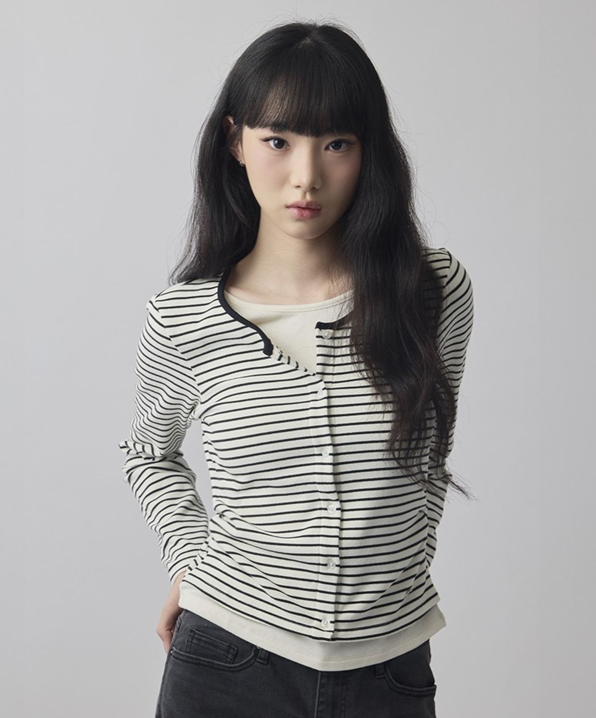 행텐(HANGTEN) 여성 웨일 스트라이프 가디건 레이어드 티셔츠_003(10540-131-813-45)