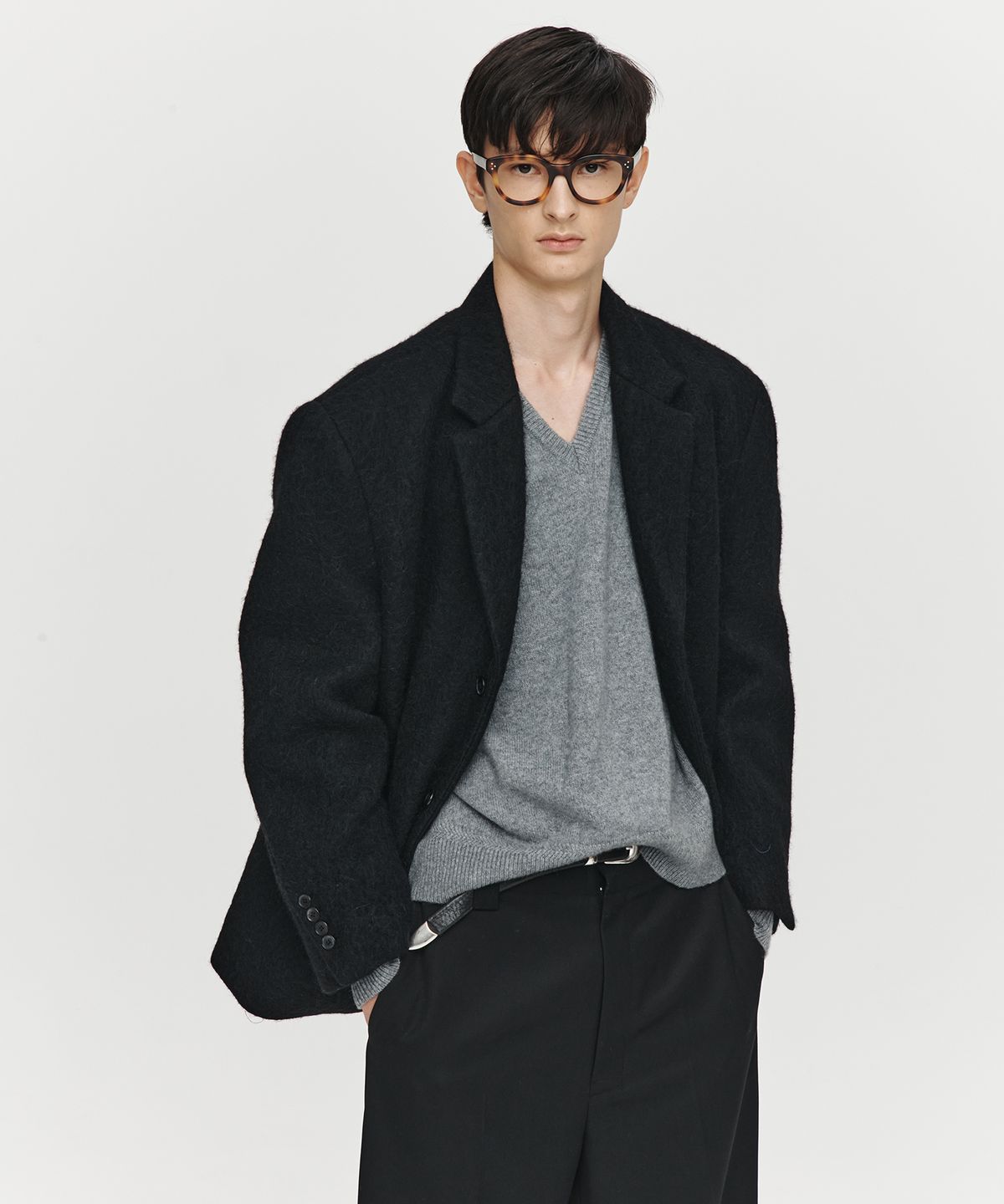 호이테(HEUTE) ALPACA SQUARE WOOL SINGLE JACKET (BLACK)