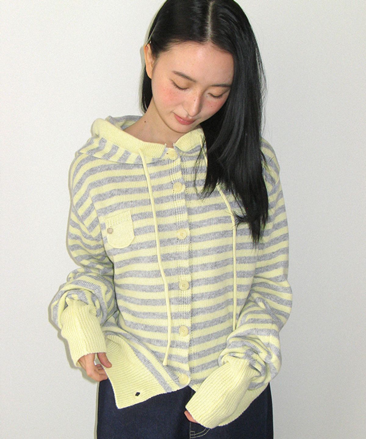 론론(RONRON) MINI POCKET HOODED KNIT CARDIGAN YELLOW STRIPE