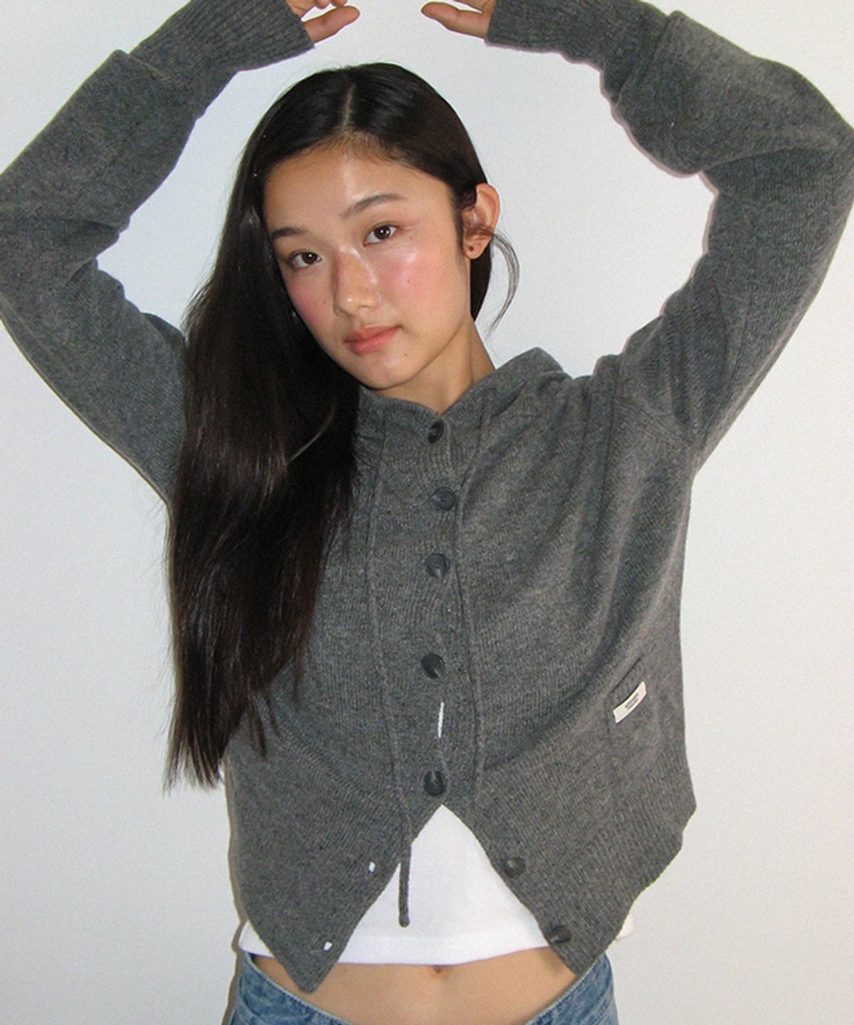 론론(RONRON) MINI POCKET HOODED KNIT CARDIGAN GREY