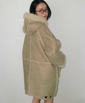 FUR HOODED BUTTON FAUX SUEDE COAT BEIGE