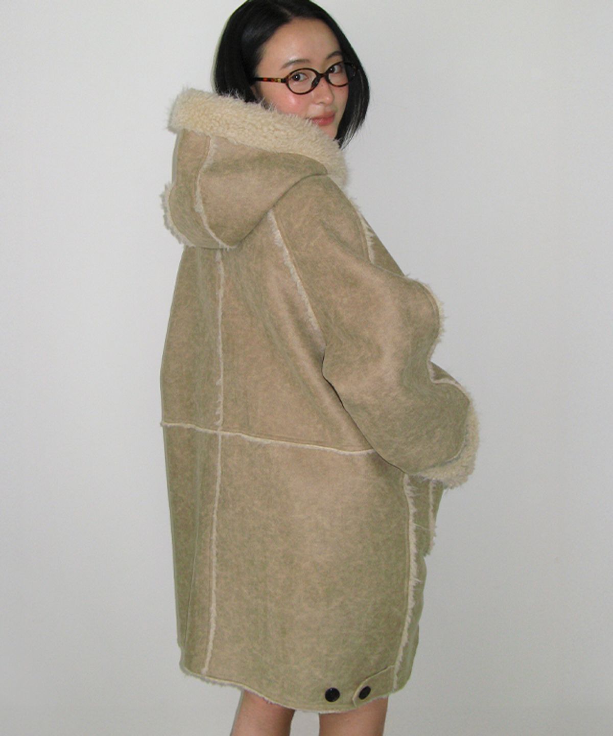 론론(RONRON) FUR HOODED BUTTON FAUX SUEDE COAT BEIGE