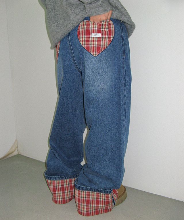 RONRON チェックデニム MUSINSA公式 | RONRON PATCH ROLL UP DENIM PANTS RED CHECK