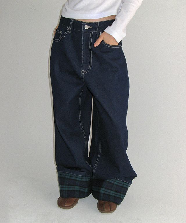MUSINSA公式 | RONRON PATCH ROLL UP DENIM PANTS GREEN CHECK
