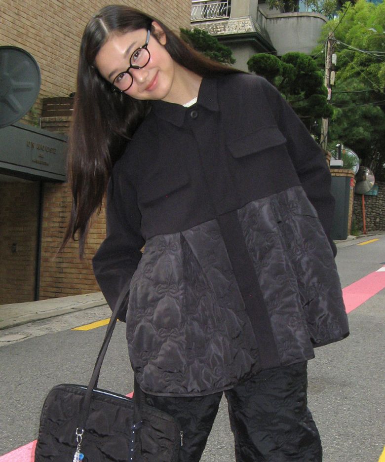 RIBBON QUILTED FRILL FIELD JACKET BLACK