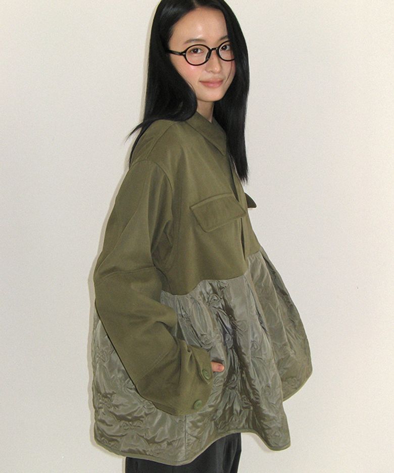 RIBBON QUILTED FRILL FIELD JACKET KHAKI