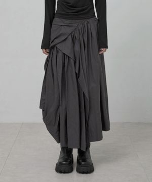 Asymmetrical Draped Layered Long Skirt (FL-256_Charcoal)