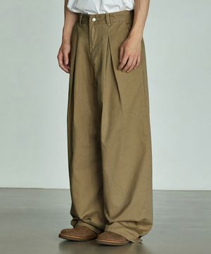 776 코튼 원턱 와이드 팬츠 - 연브라운