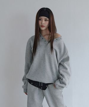 아일렛 브이넥 스웻 셔츠 멜란지 그레이