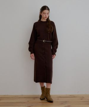 버튼 롱 니트 원피스-브라운