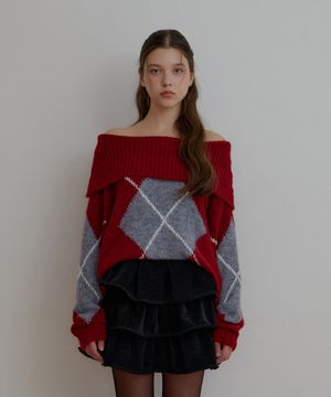 아가일 오프숄더 울 풀오버-레드