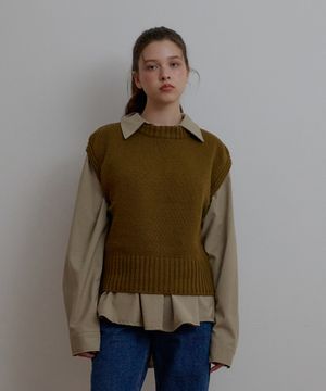 캐시미어 라운드 베스트-카키