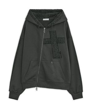 크로스 패치 후드 집업 (차콜)