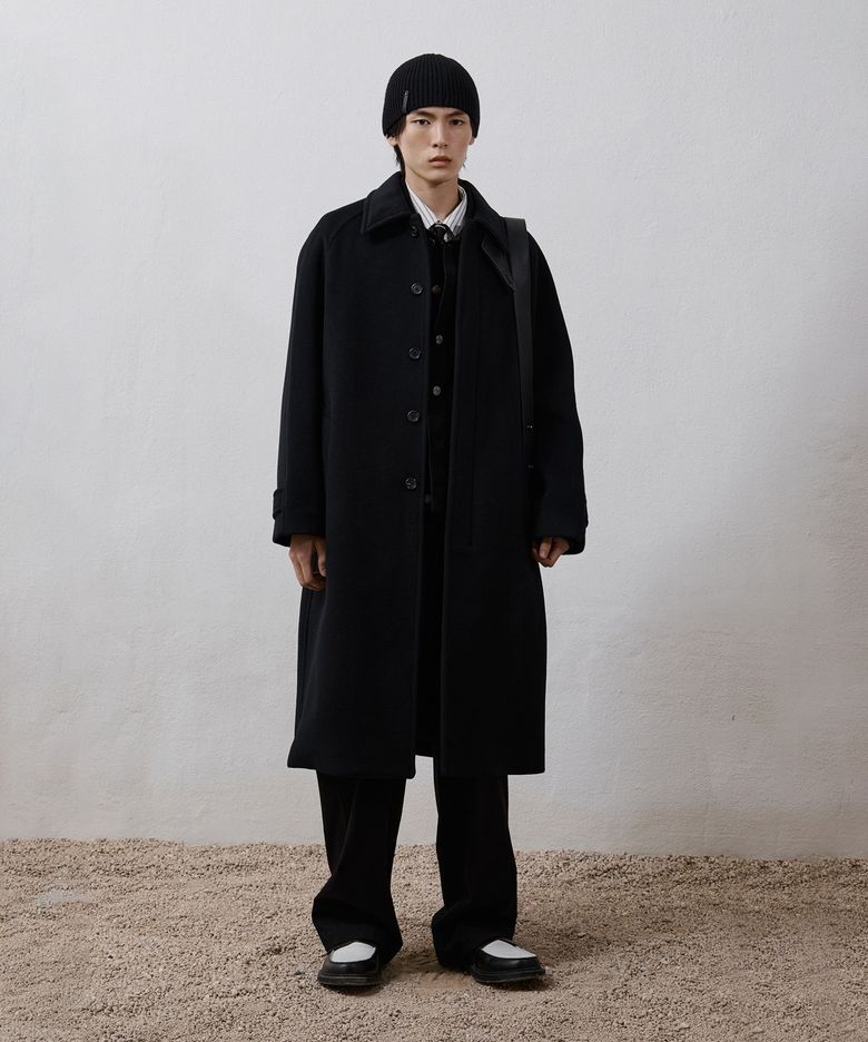Leather Trim Mac Coat - Black