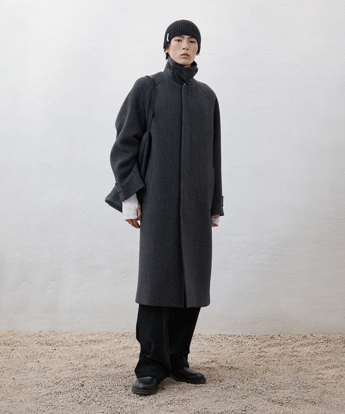 유스(YOUTH) Leather Trim Mac Coat - Charcoal Grey
