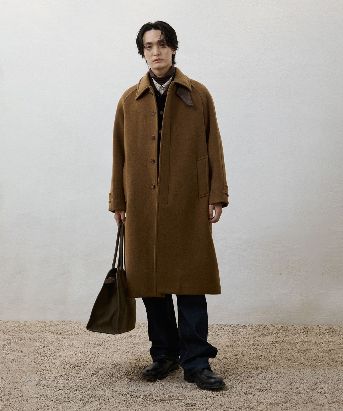 유스(YOUTH) Leather Trim Mac Coat - Camel