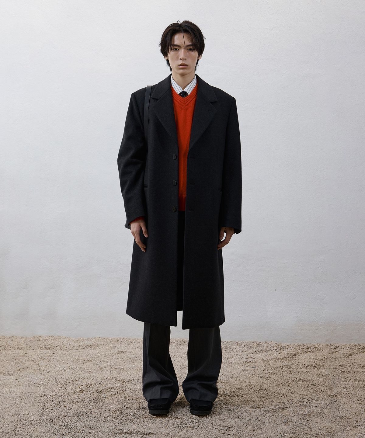 유스(YOUTH) Leather Trim Chesterfield Coat - Charcoal Grey